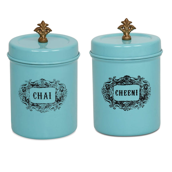 Elan Stainless Steel Round Chai and Cheeni Canister (Set of 2, Aqua, 500 ml)