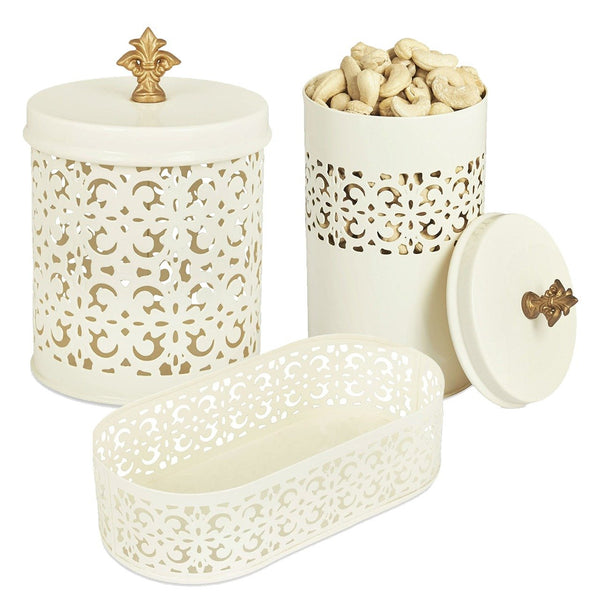 Elan Flecked Canisters with Tray (Set of 3, Off White)