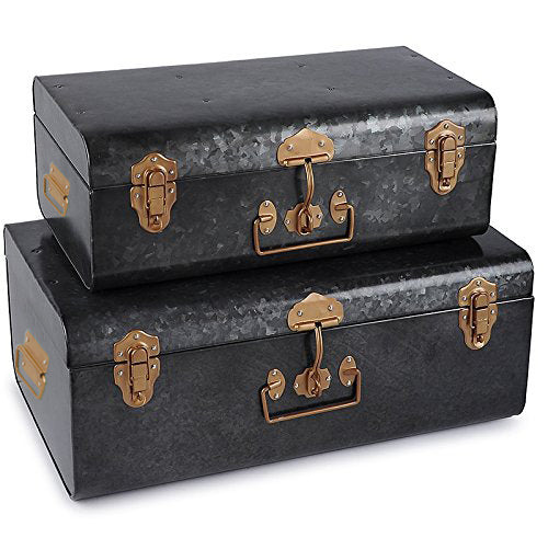Elan Vintage Style Buxa Metal Trunk Set Of 2, Storage Chest (Antique Black)