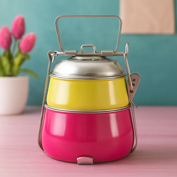 Elan Stainless Steel Tiffin Box, Lunch Box for Office, 2 Compartments (Yellow-Pink)