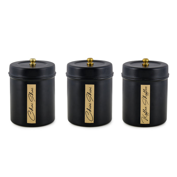 ELAN Stainless Steel Round Chai, Cheeni and Kaffee Canisters (Set of 3, Matt Black, 500 ml)