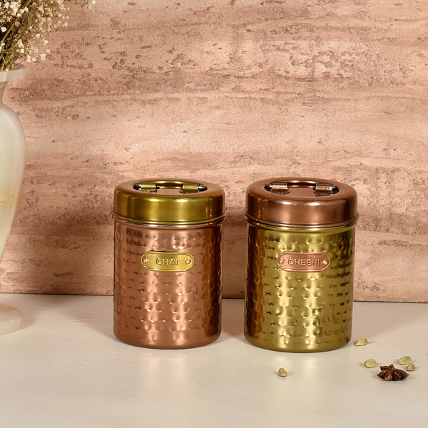 Elan Dabbahs and Days Stainless Steel Round Chai, Cheeni Canister (Set of 2, Copper & Antique Gold Finish)