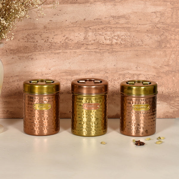 Elan Dabbahs and Days Stainless Steel Round Chai, Cheeni & Kaffee (Set of 3, Copper & Antique Gold Finish)
