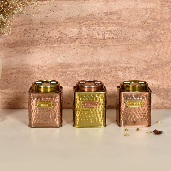 Elan Dabbahs and Days Square Chai, Cheeni & Kaffee Canister (Set of 3, Copper & Antique Gold Finish)