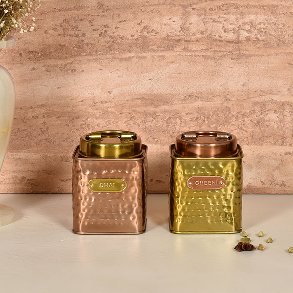 Elan Dabbahs and Days Square Chai, Cheeni Canister (Set of 2, Copper & Antique Gold Finish)