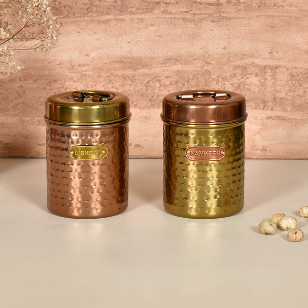 Elan Dabbahs and Days Round Canister Namkeen & Biskoot, (Set of 2, Copper & Antique Gold Finish)