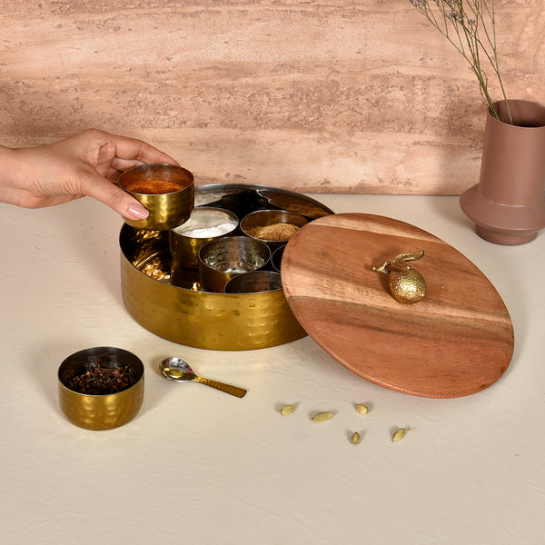 Elan Dabbahs and Days Masala Box with Wooden Lid (Antique Gold & Acacia)
