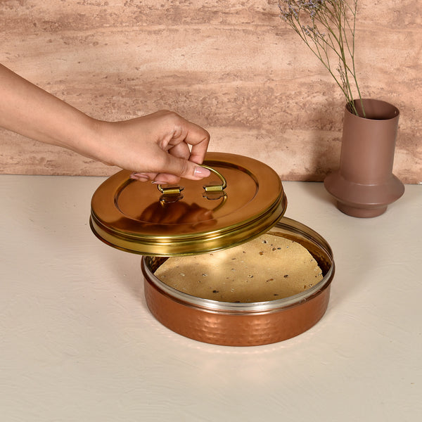 Elan Dabbahs and Days Roti & Papad Storage Box with Serving Tong (Copper & Antique Gold Finish)