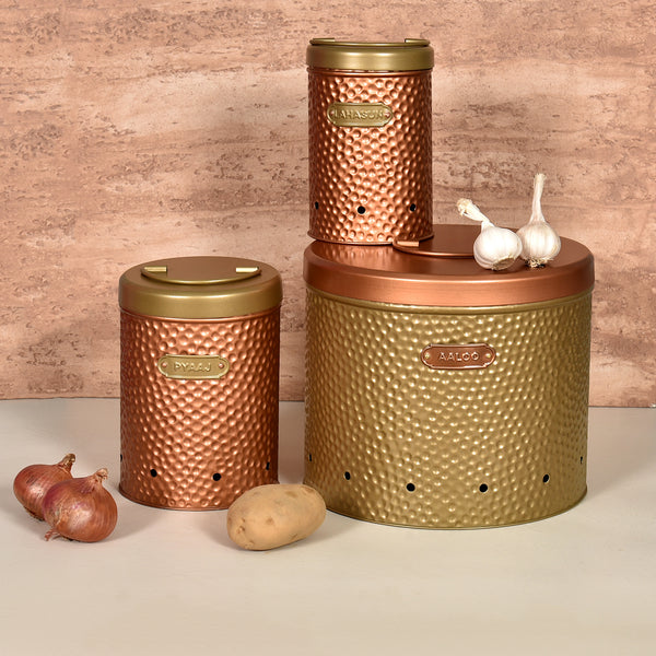 Elan Dabbahs and Days Onion Potato Garlic Containers (Set of 3, Copper & Antique Gold Finish)