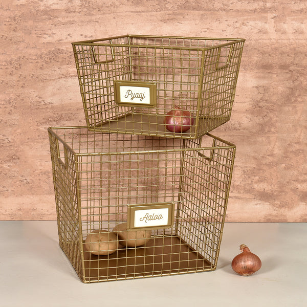 Elan Dabbahs and Days Potato Onion Storage Baskets (Set of 2, Antique Gold)
