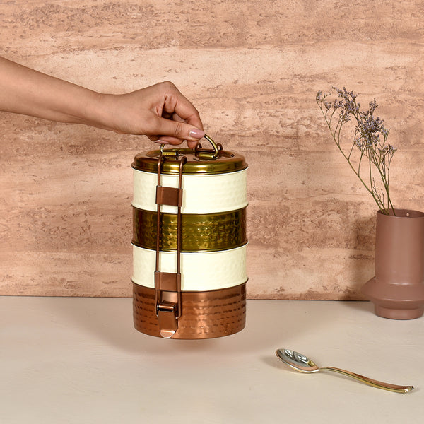 ELAN Dabbahs and Days 4Tier Lunch Box, Lineal, Stainless Steel  (Gold, Copper & Ivory)