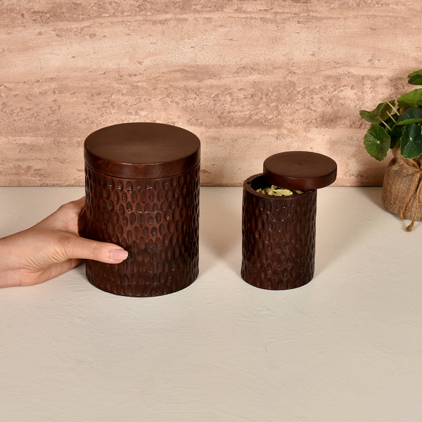 Elan Dabbahs and Days Round Wooden Storage Containers for Spices with Spoon Set of 2 (Dark Walnut)