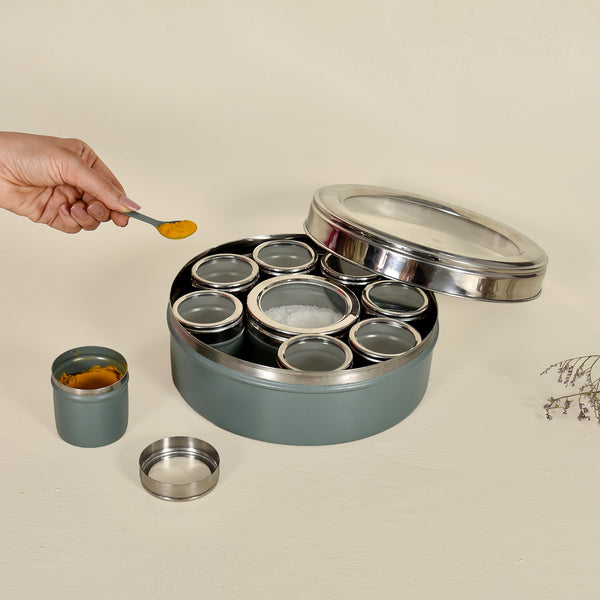 Elan 9 Compartment Spice Box with Spoon and Lids (Moss Green)