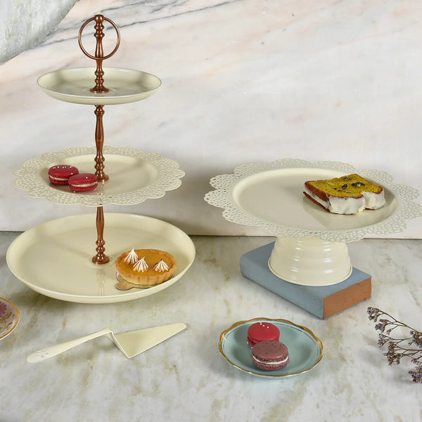Elan Pack of Flourish 3 Tier Cupcake Stand and Scallop Cake Stand (Set of 2, Off White)