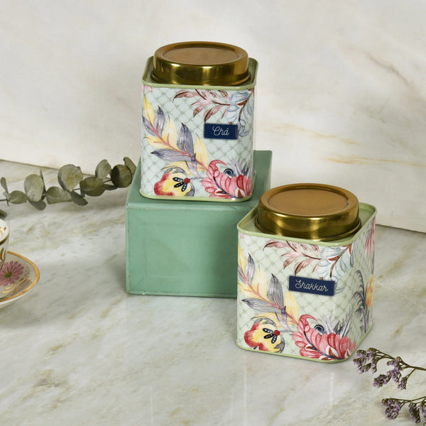 Elan Gingham & Blooms Air Tight Tea Sugar Square Canister Jars (Set of 2, 500ml each, Fern Green)