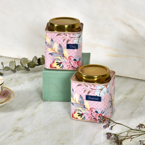Elan Gingham & Blooms Air Tight Tea Sugar Square Canister Jars (Set of 2, 500ml each, Nude)