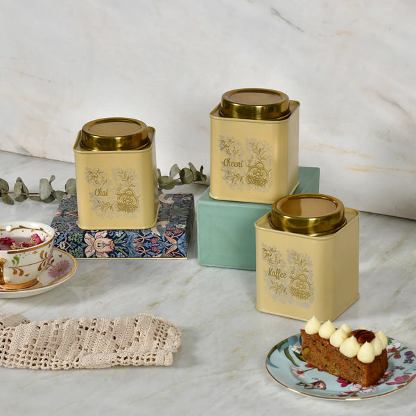 Elan Gingham & Blooms Chai Cheeni Kaffee Air Tight Square Storage Jars  (Set of 3, 500ml each, Daisy Yellow)