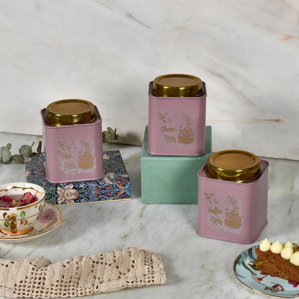 Elan Gingham & Blooms Chai Cheeni Kaffee Air Tight Square Storage Jars  (Set of 3, 500ml each, Mauve)