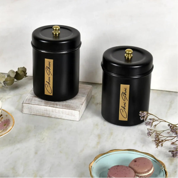 Elan Round Chai Shai & Chini Shini Canisters (Set of 2, 650ml each, Matt Black)