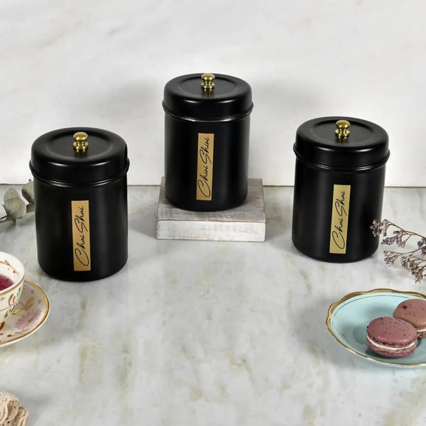 Elan Round Chai Cheeni and Kaffee Canisters (Set of 3, 650ml each, Matt Black)