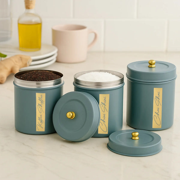 Elan Round Chai, Cheeni & Coffee Canisters (Set of 3, Moss Green)