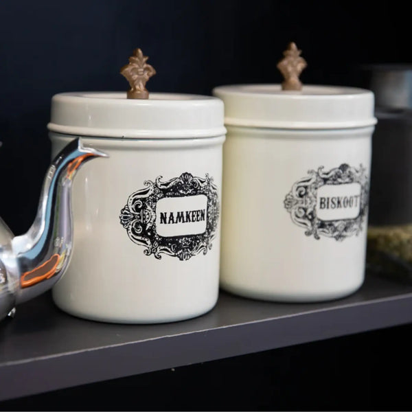 Elan Bergen Namkeen Biskoot Canisters( Set of 2,  650ml each, Off White)