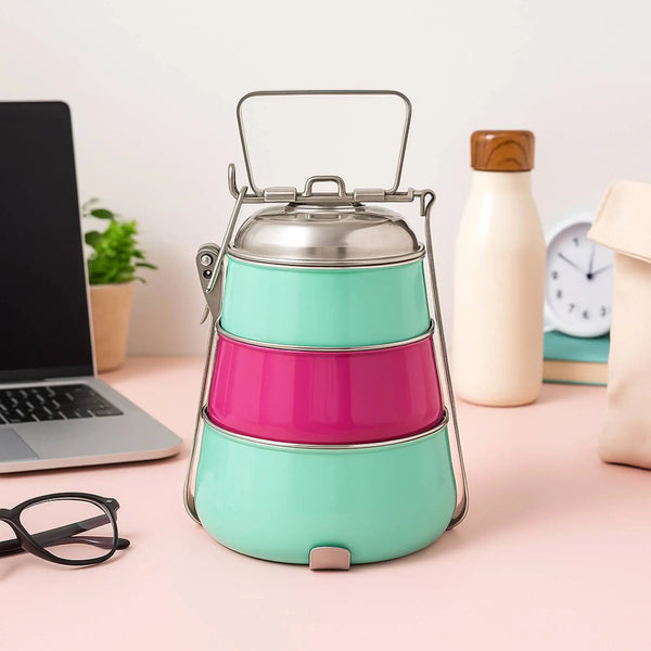 Elan Tiffin Box - Three Tier Lunch Box (Aqua-Pink-Aqua)