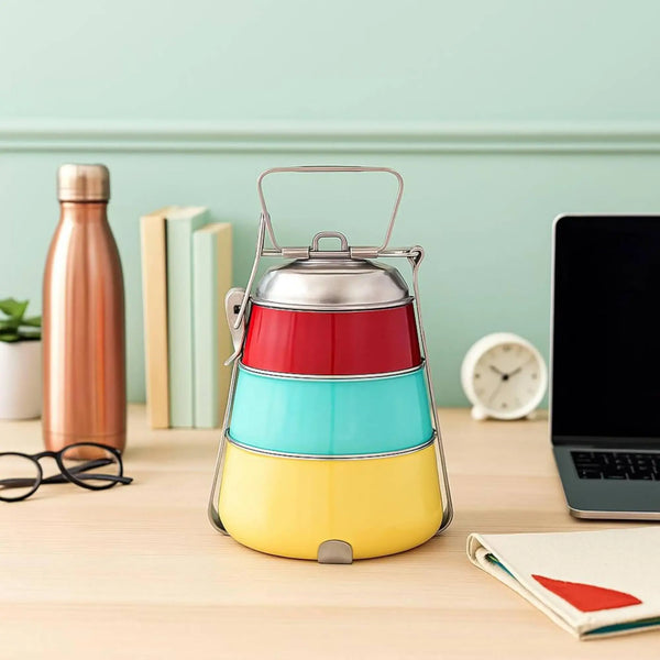 Elan Tiffin Box - Three Tier Lunch Box (Yellow-Aqua-Red)