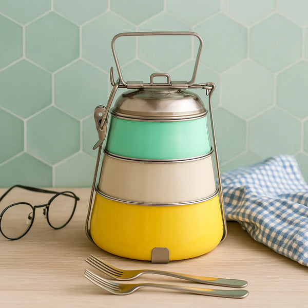Elan 3 Tier Lunch Box (Aqua-Off White-Yellow)