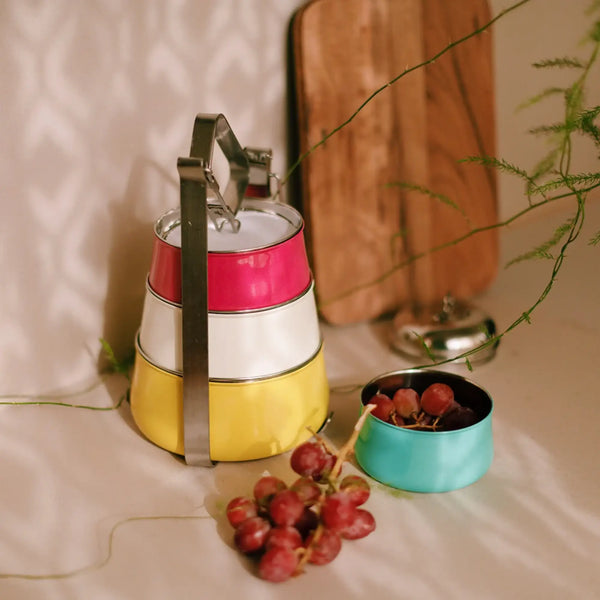 Elan 4 Tier Lunch Box, Conoid, Stainless Steel (Aqua-Pink-White-Yellow)