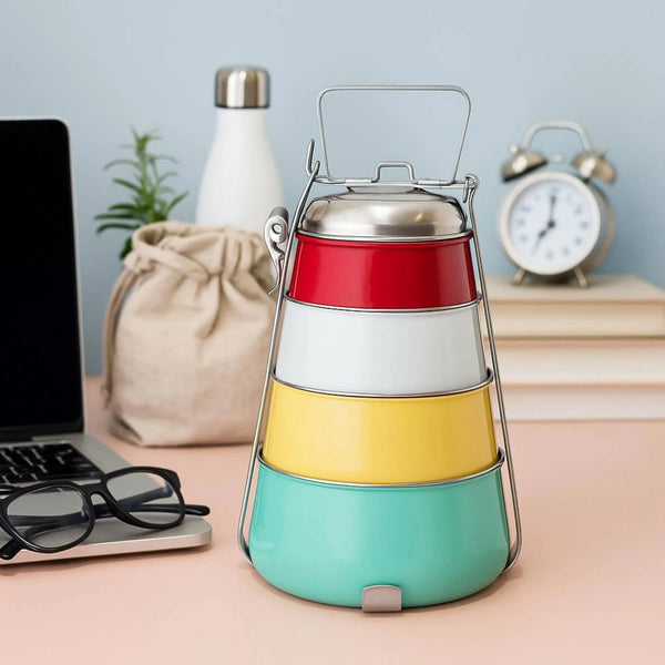 Elan Tiffin Box - Four Tier Lunch Box (Red-Ivory-Yellow-Aqua)