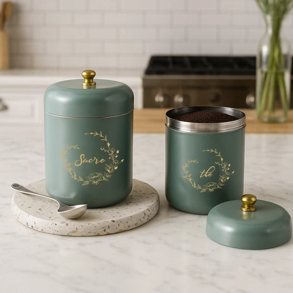 Elan Tea and Sugar Curved Canisters for Kitchen, Storage Jar (Set of 2, 400ml and 600ml each, Moss Green)