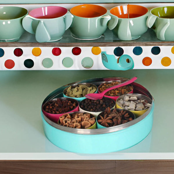 Elan 7 compartment Spice Box with Spoon (Aqua)