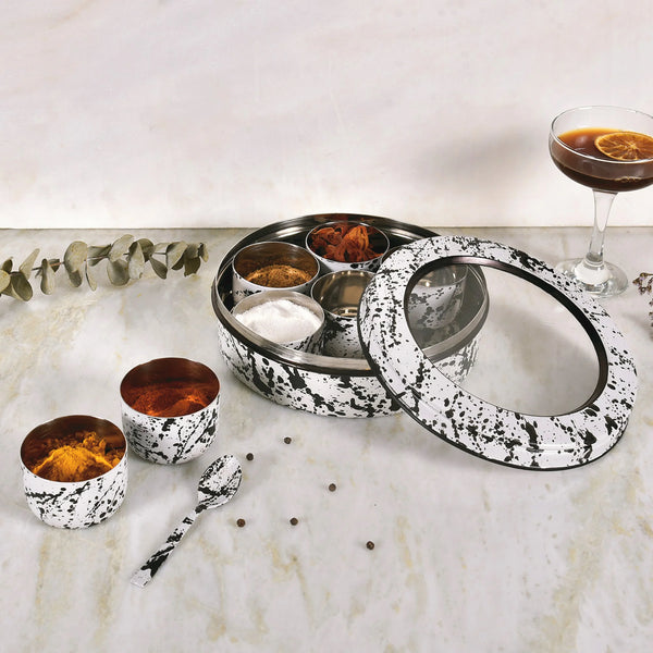 Elan Splatterful 7 Compartment Spice Box with Spoon (Black & White)