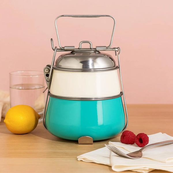 Elan 2 Tier Lunch Box, Conoid, Stainless Steel   (Off White-Aqua)