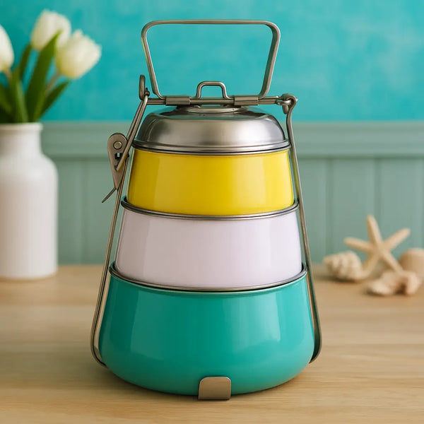 Elan Stainless Steel 3 Compartment Tiffin Box/Lunch Box, (Aqua-Off White-Yellow)