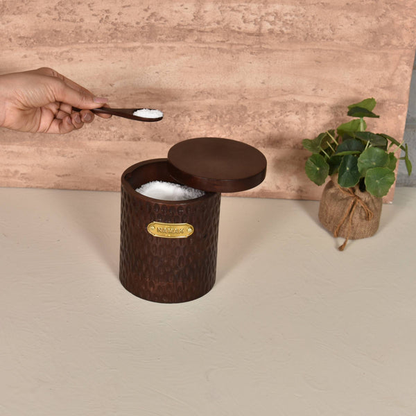 Elan Dabbahs and Days Round Wooden Salt Box, 900 gm (Dark Walnut)