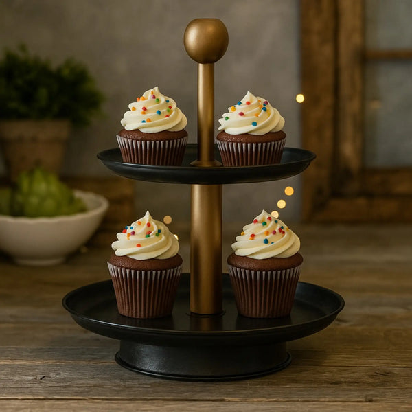Elan Knob Two Tier Cake Cupcake and Dessert Stand (Metal Antique Black with Gold)
