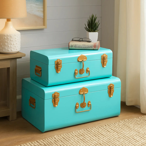 Elan Buxa Trunk Storage (Set Of 2, Aqua with Golden Locks)