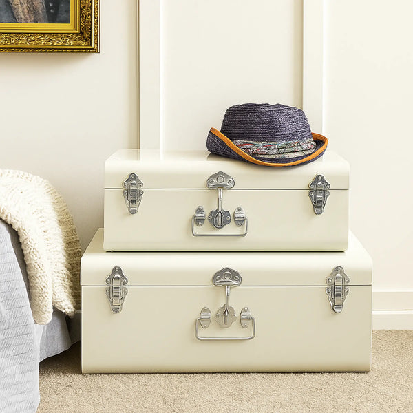 Elan Vintage Metal Buxa Trunk (Off White With Silver Accessories, Set Of 2 )