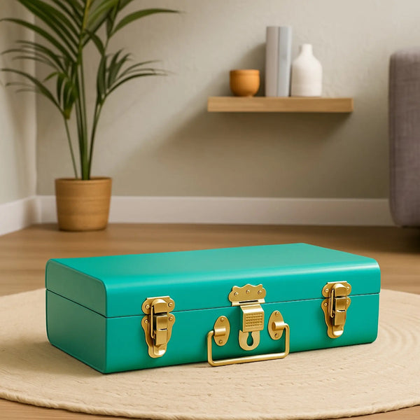 Elan Vintage Style Long Trunk Rectangular Decorative Box (Aqua with Gold Latches)