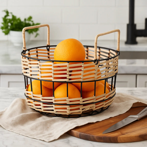 Elan Cassia Natural Rattan Fruit Basket, Storage Bin (Black)