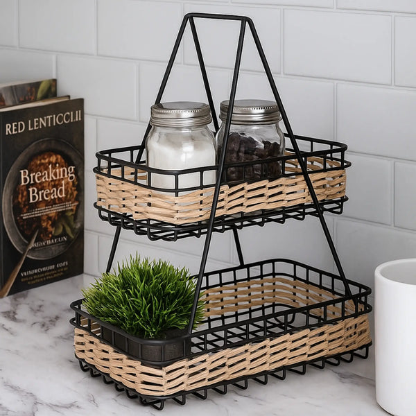 Elan Cassia Natural Rattan Two Tier Stand Storage Organizer (Black)