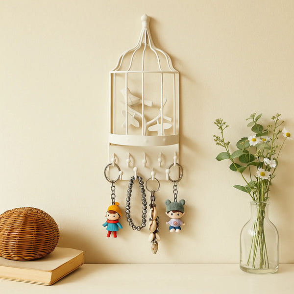 Elan Cage Hooks Key Holder for Wall Jewlery Organiser (Off White)
