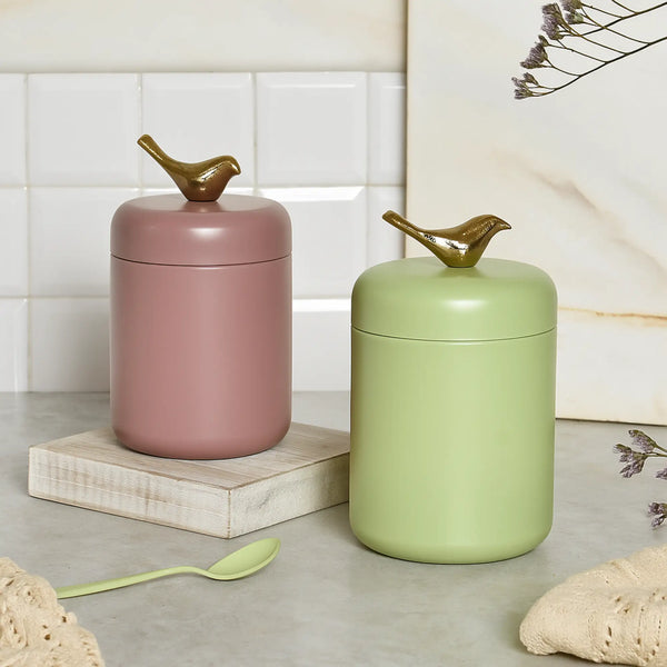 Elan Tweet Curved Canisters, Round Storage  Jars (Set of 2, 400ml and 600ml each, (Fern Green & Mauve)