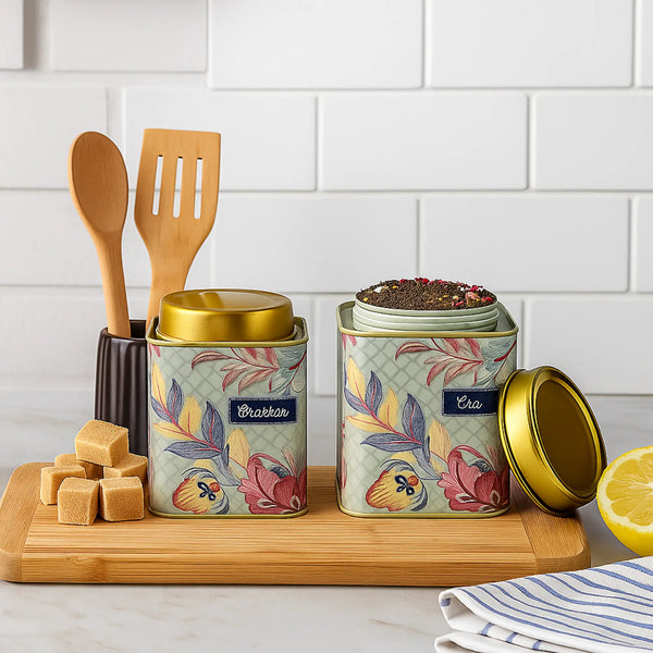 Elan Gingham & Blooms Air Tight Tea Sugar Square Canister Jars (Set of 2, 500ml each, Fern Green)