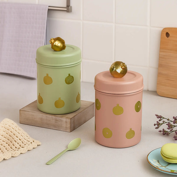 Elan Pomegranate Round Canisters (Set of 2, 650ml each, Fern Green & Nude)