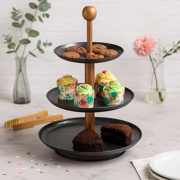 Elan Knob Three Tier Cake Cupcake and Dessert Stand Metal (Black)