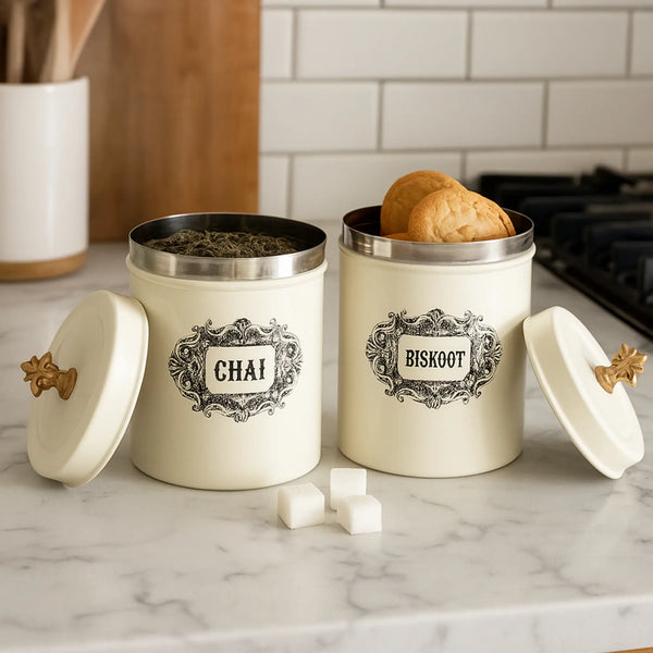 Elan Bergen Chai Biskoot Canisters ( Set of 2,  650ml each, Off White)
