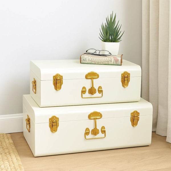 Elan Vintage Metal Buxa Trunk (Off White With Gold Accessories, Set Of 2)